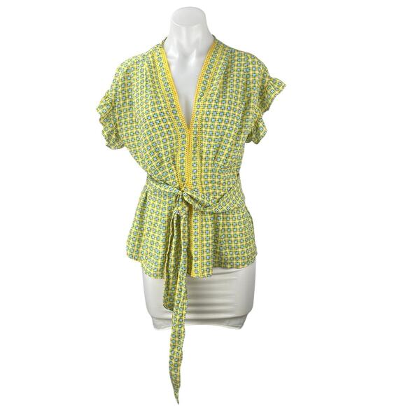 NEW Max Studio Green Multicolor V-neck Ruffle Sleeve Tie Belted Blouse Top Sz S - Picture 1 of 6